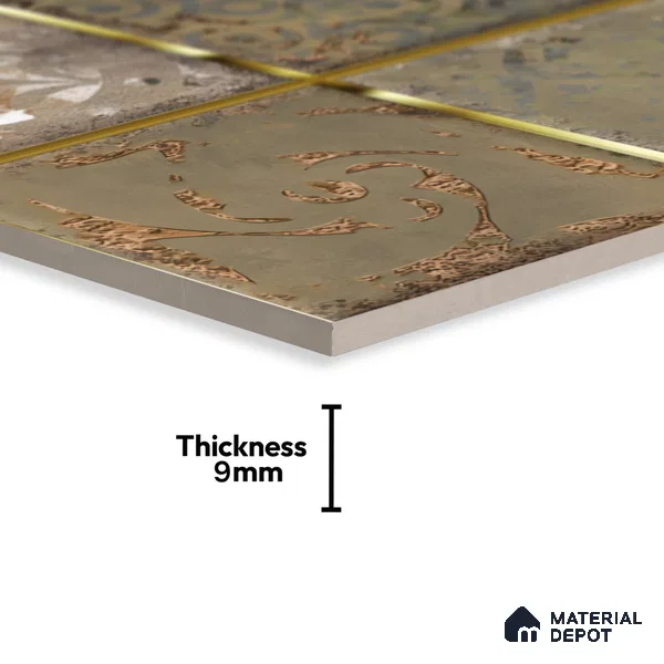 Metallic Wall Tile TL 07236 Rustic Gold 1 ft x 1 ft Ceramic Glossy Finish - 9 mm  | 2 mm Spacer is Mandatory | Suitable For Bathroom, Kitchen, Dining Area | Please Expect a Slight Variation of Pattern (Sample)